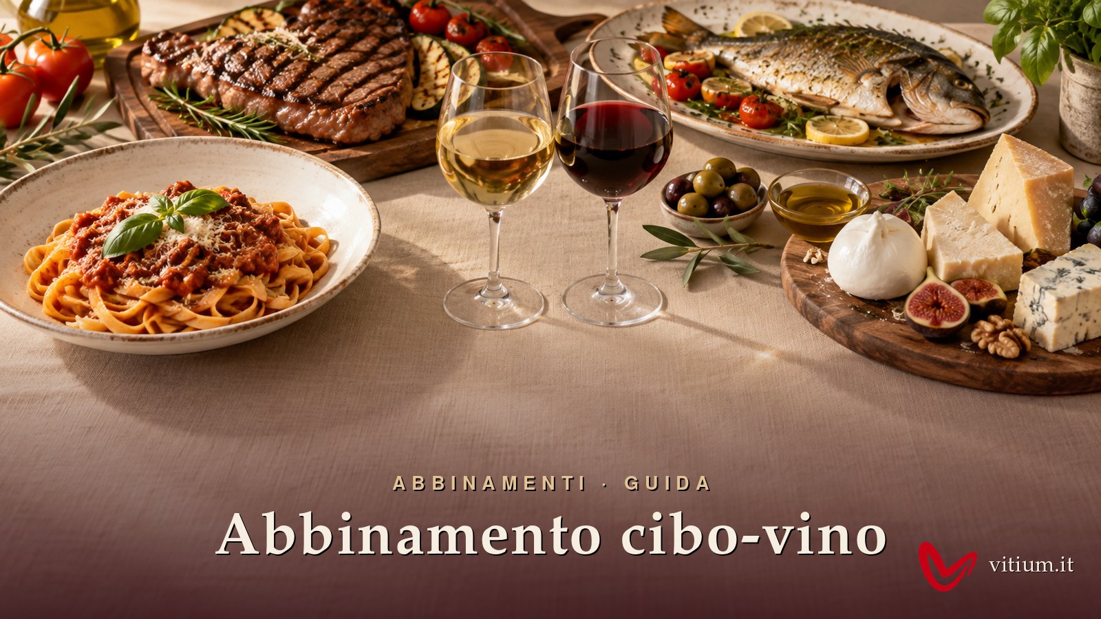 Tavola italiana per l'abbinamento cibo-vino con pasta, carne, pesce e formaggi e due calici di vino bianco e rosso