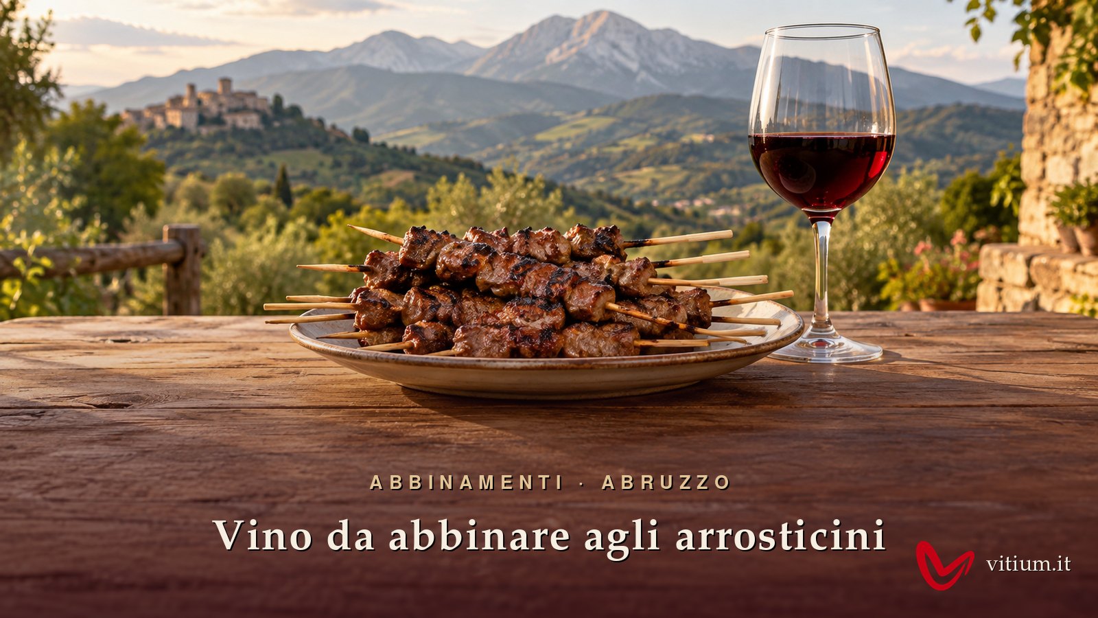 Arrosticini abruzzesi di pecora cotti alla brace in un piatto, accanto a un calice di vino rosso