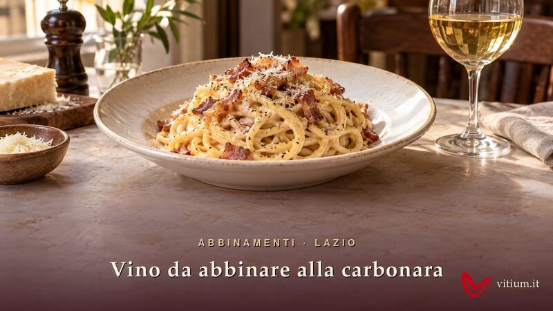 Spaghetti alla carbonara con guanciale croccante, pecorino e pepe nero, accanto a un calice di vino bianco