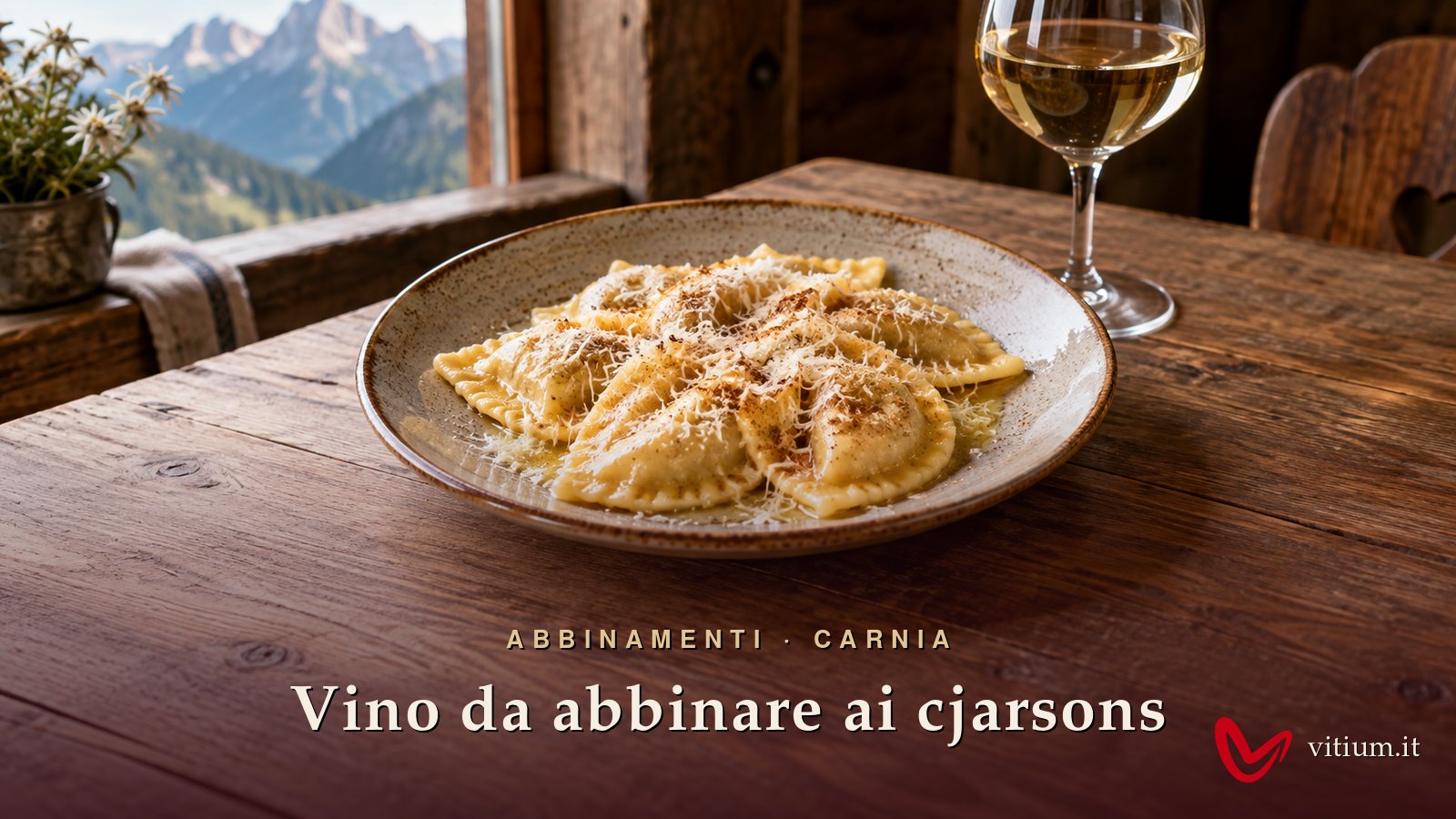 Piatto di cjarsons della Carnia con burro fuso e ricotta affumicata, accanto a un calice di vino bianco