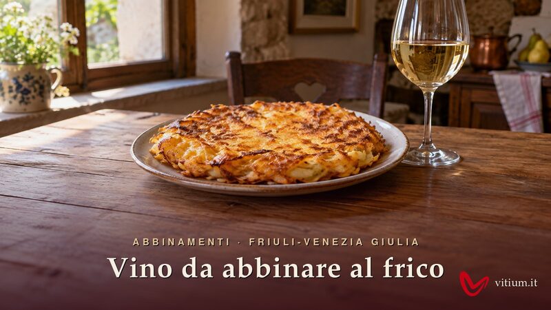 Frico friulano dorato di Montasio e patate in un piatto, accanto a un calice di vino bianco