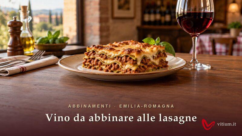 Porzione di lasagne alla bolognese con sfoglia verde, ragù e besciamella, accanto a un calice di vino rosso