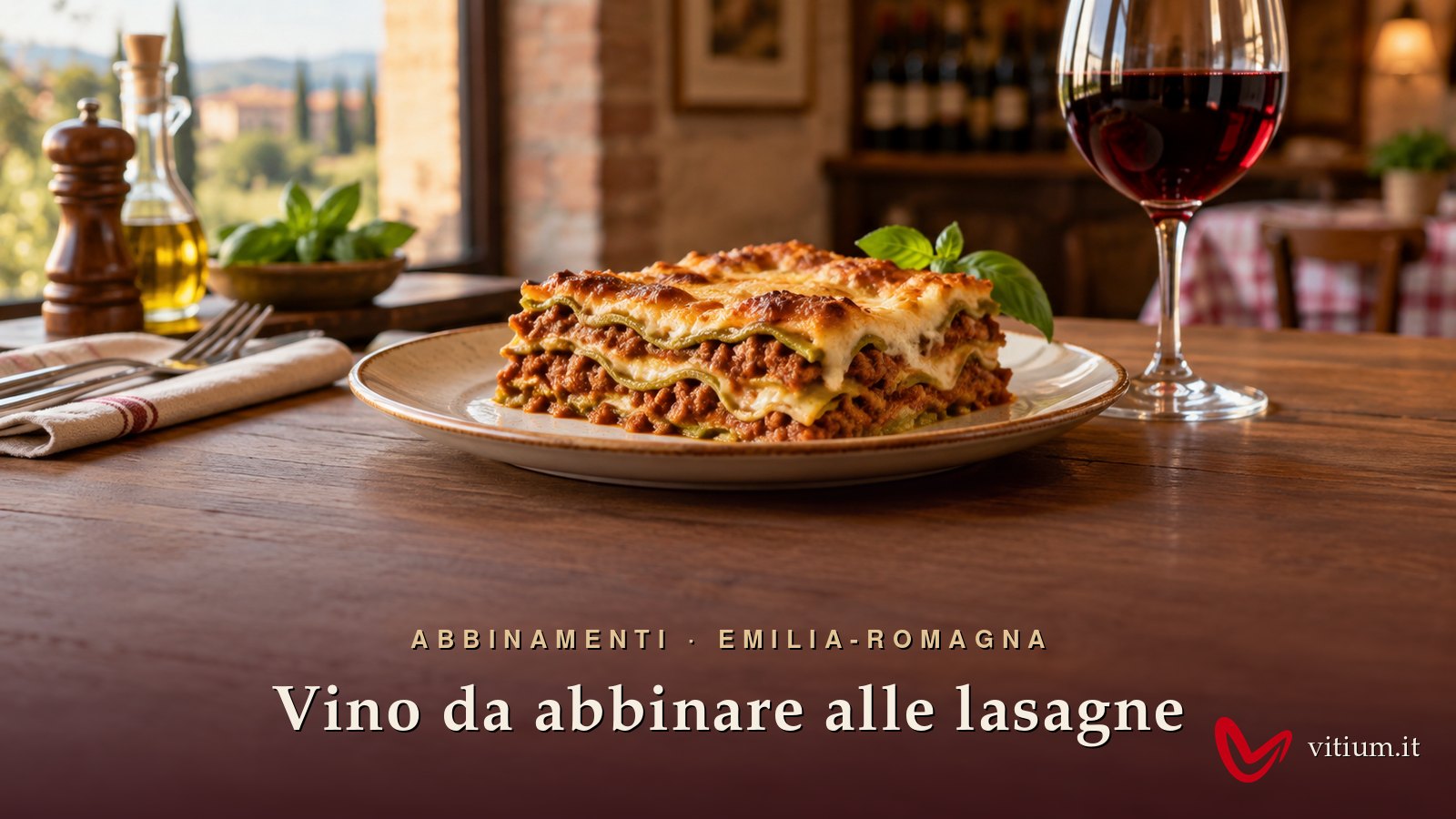 Porzione di lasagne alla bolognese con sfoglia verde, ragù e besciamella, accanto a un calice di vino rosso