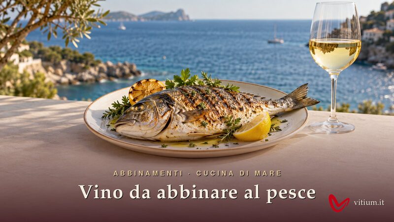 Orata alla griglia con limone ed erbe in un piatto sul mare, accanto a un calice di vino bianco per il pesce