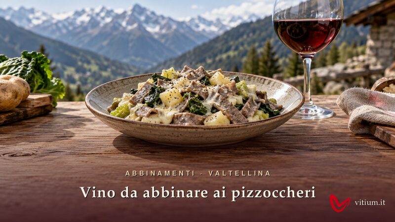 Piatto di pizzoccheri della Valtellina con patate, verza e formaggio fuso, accanto a un calice di vino rosso