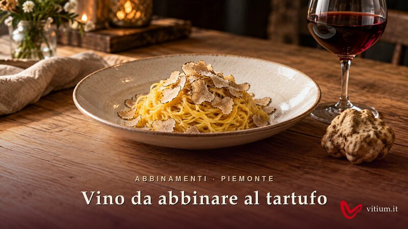 Tajarin con lamelle di tartufo bianco d'Alba e un tartufo intero, accanto a un calice di vino rosso
