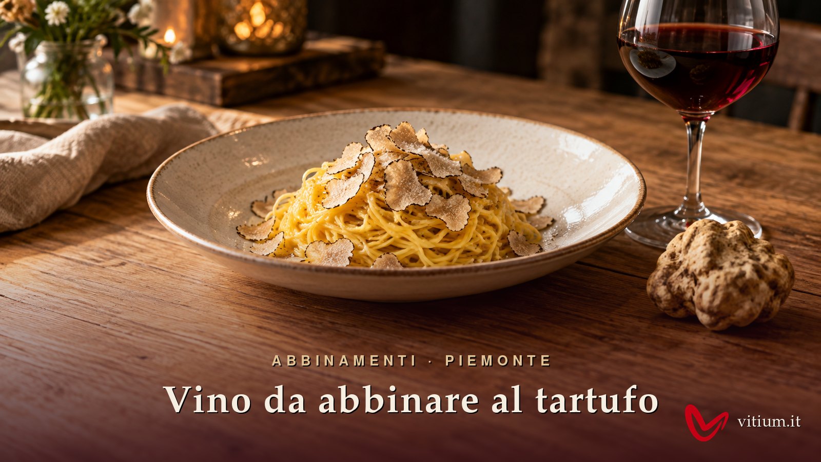 Tajarin con lamelle di tartufo bianco d'Alba e un tartufo intero, accanto a un calice di vino rosso