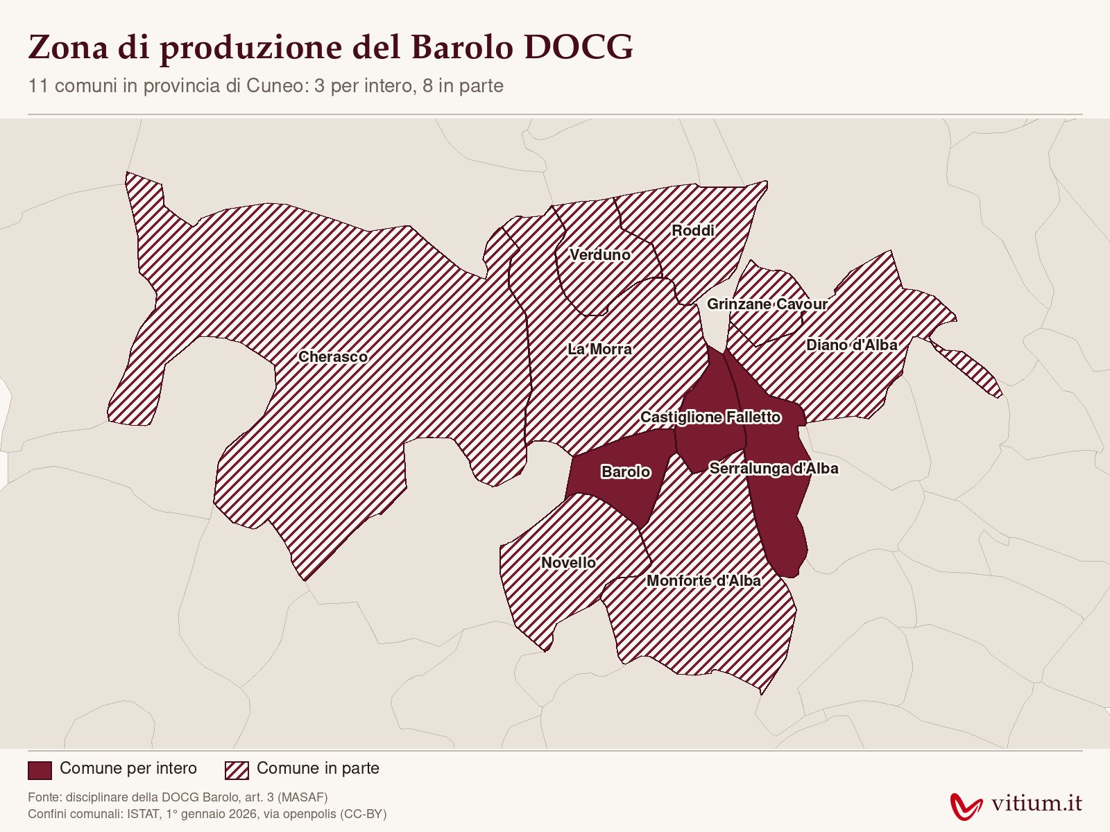 Mappa della zona di produzione del Barolo DOCG con gli 11 comuni delle Langhe in provincia di Cuneo