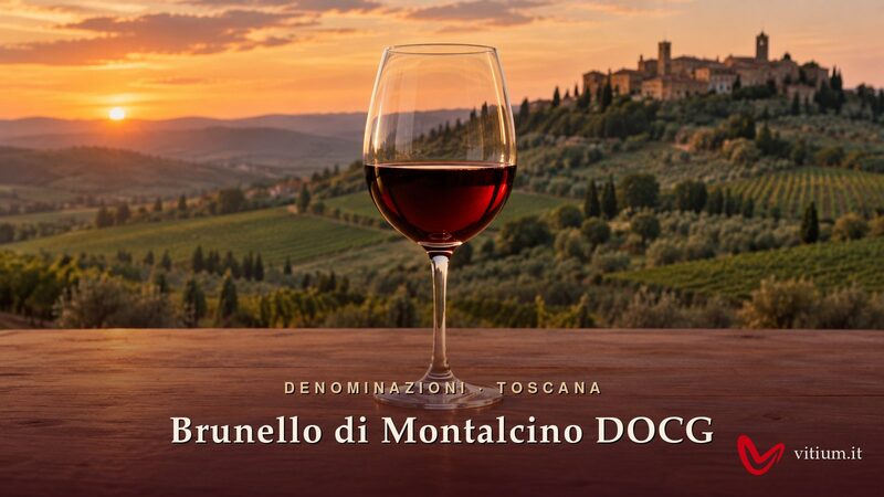 Calice di Brunello di Montalcino rosso granato davanti al borgo di Montalcino e ai suoi vigneti