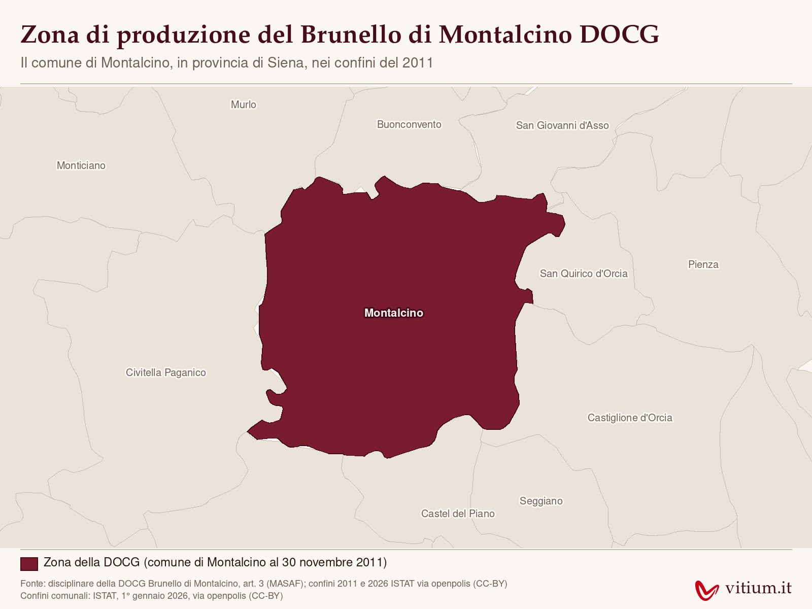 Mappa della zona di produzione del Brunello di Montalcino DOCG: il comune di Montalcino in provincia di Siena