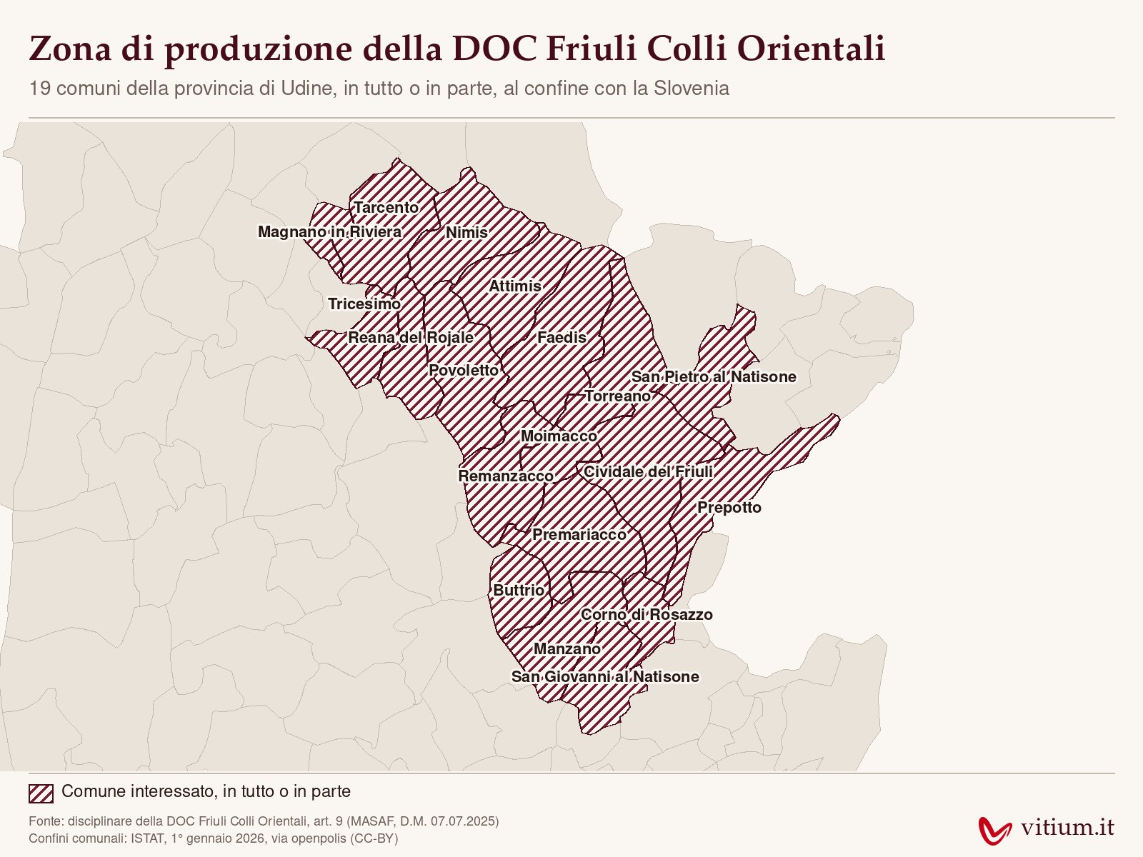 Mappa della zona di produzione della DOC Friuli Colli Orientali con i 19 comuni della provincia di Udine