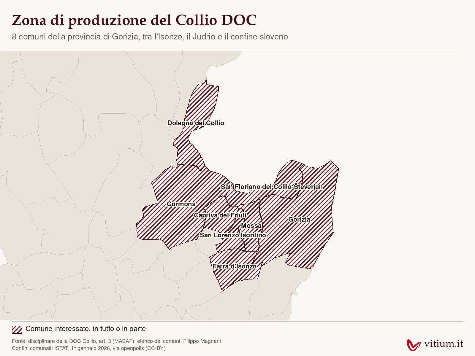 Mappa della zona di produzione del Collio DOC con gli 8 comuni della provincia di Gorizia