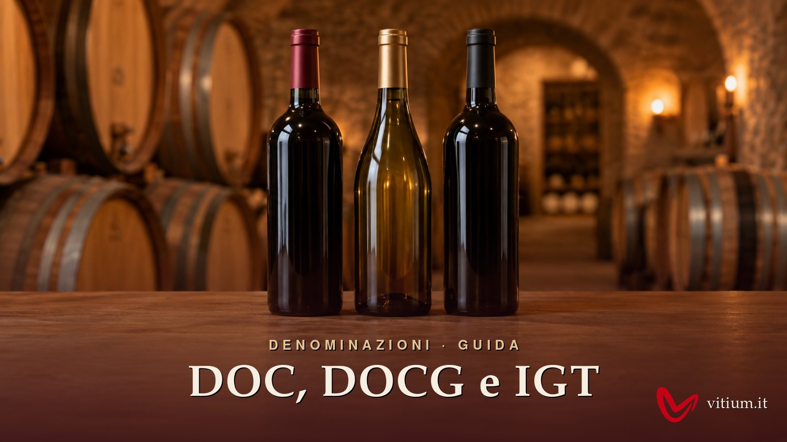Tre bottiglie di vino italiano DOC, DOCG e IGT su un tavolo di legno in una cantina con botti