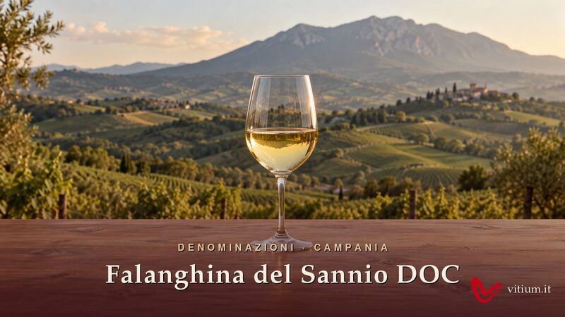 Calice di Falanghina del Sannio giallo paglierino davanti alle colline vitate del Sannio e al Taburno
