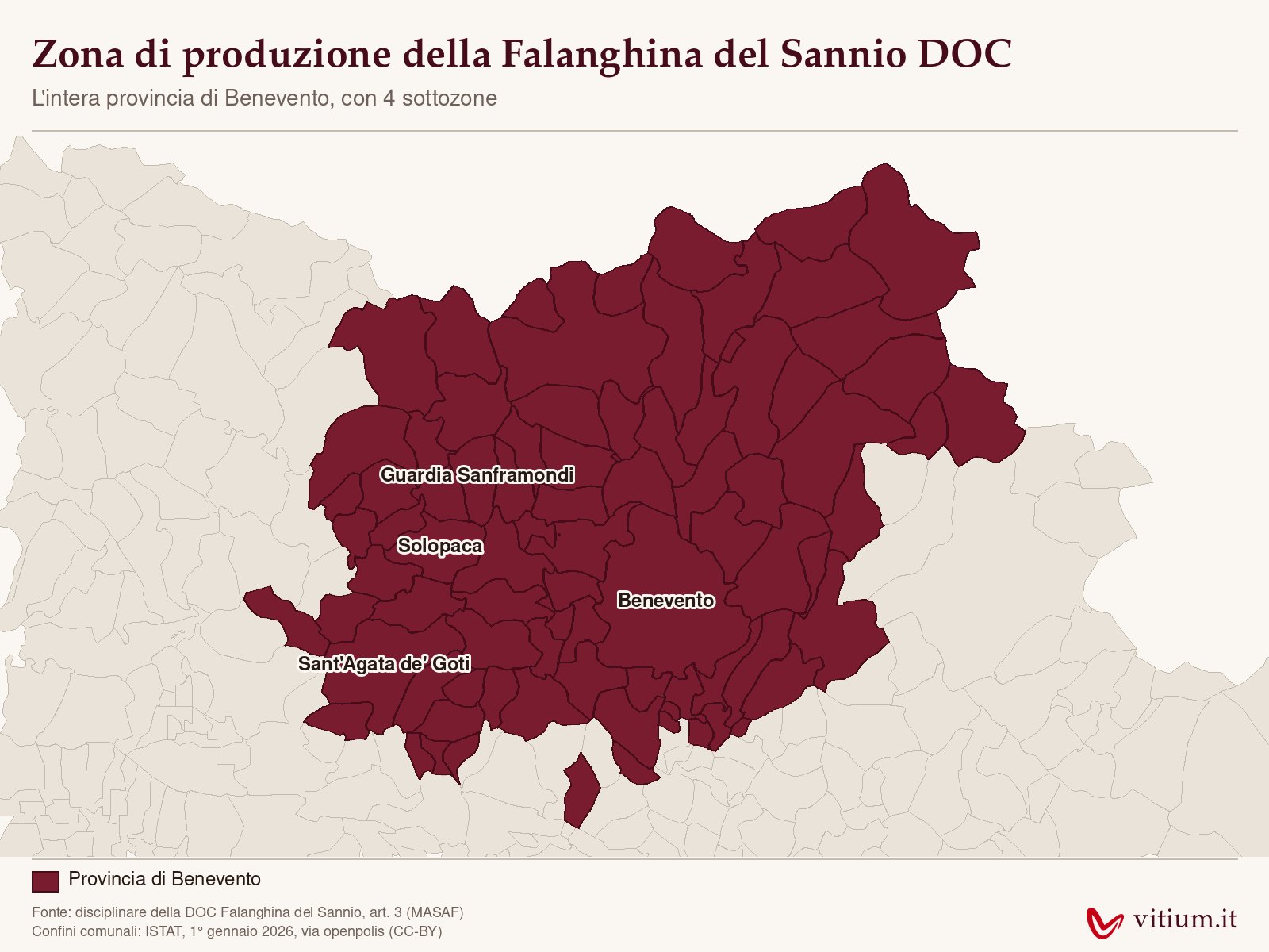 Mappa della zona di produzione della Falanghina del Sannio DOC: l'intera provincia di Benevento