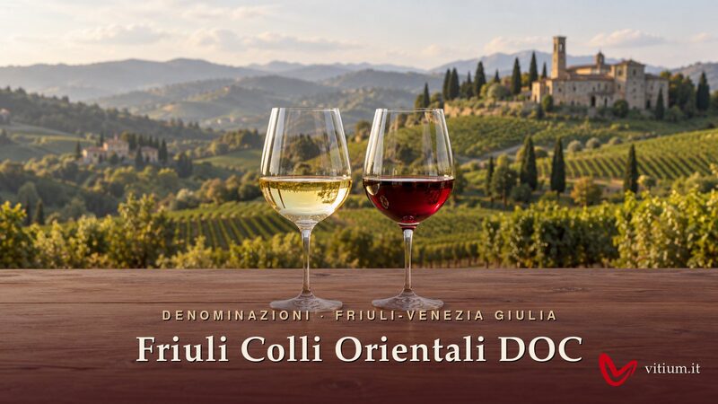 Calici di vino bianco e rosso dei Friuli Colli Orientali davanti alle colline vitate e a un'antica abbazia