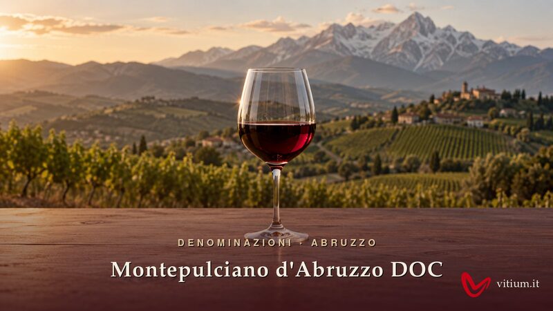 Calice di Montepulciano d'Abruzzo rosso rubino davanti alle colline vitate e alle montagne dell'Abruzzo