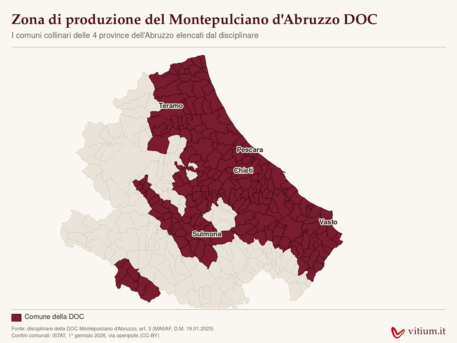 Mappa della zona di produzione del Montepulciano d'Abruzzo DOC con i comuni delle 4 province abruzzesi