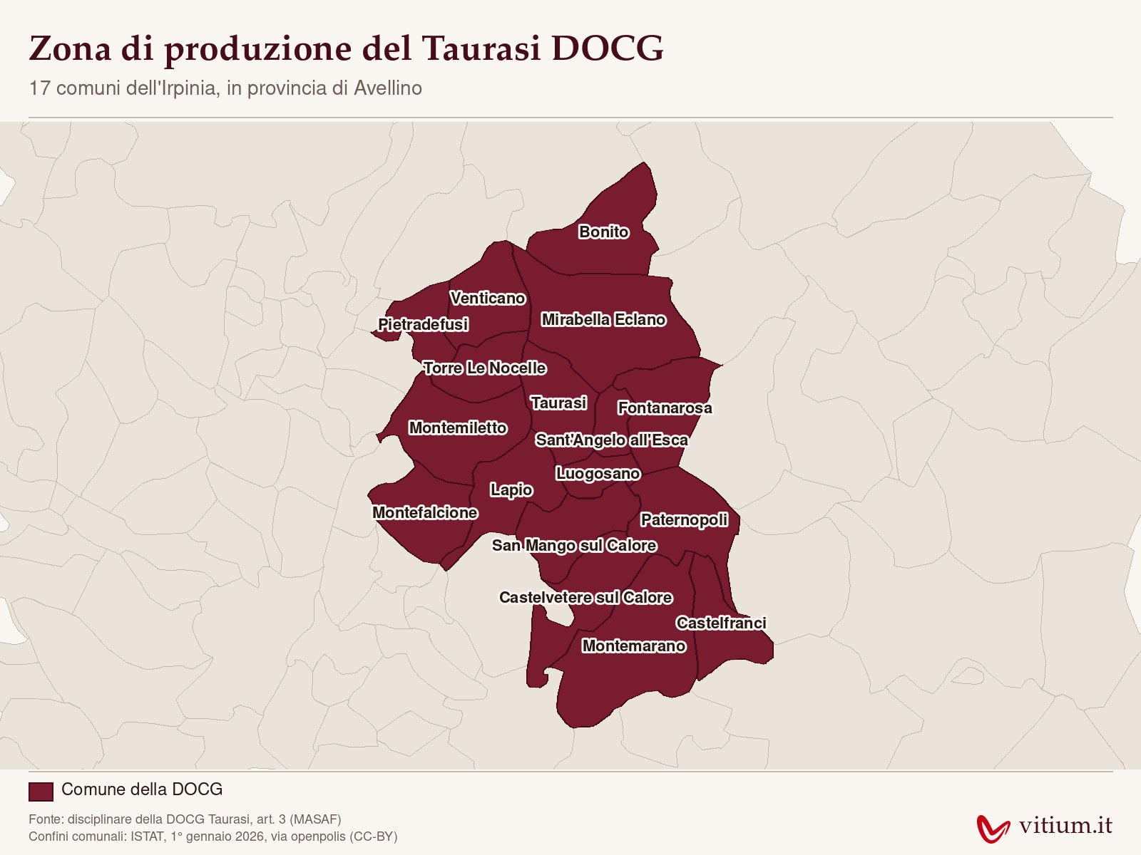 Mappa della zona di produzione del Taurasi DOCG con i 17 comuni dell'Irpinia in provincia di Avellino