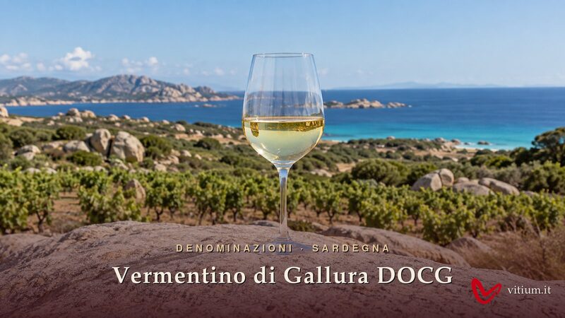 Calice di Vermentino di Gallura giallo paglierino su una roccia di granito, con vigneti e mare sullo sfondo