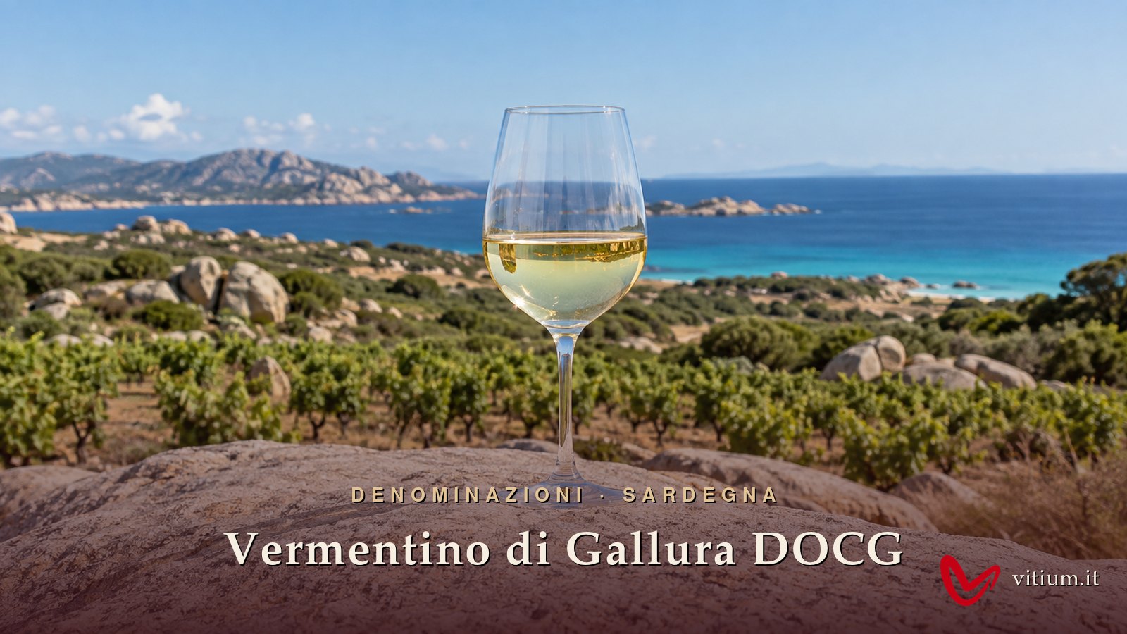 Calice di Vermentino di Gallura giallo paglierino su una roccia di granito, con vigneti e mare sullo sfondo