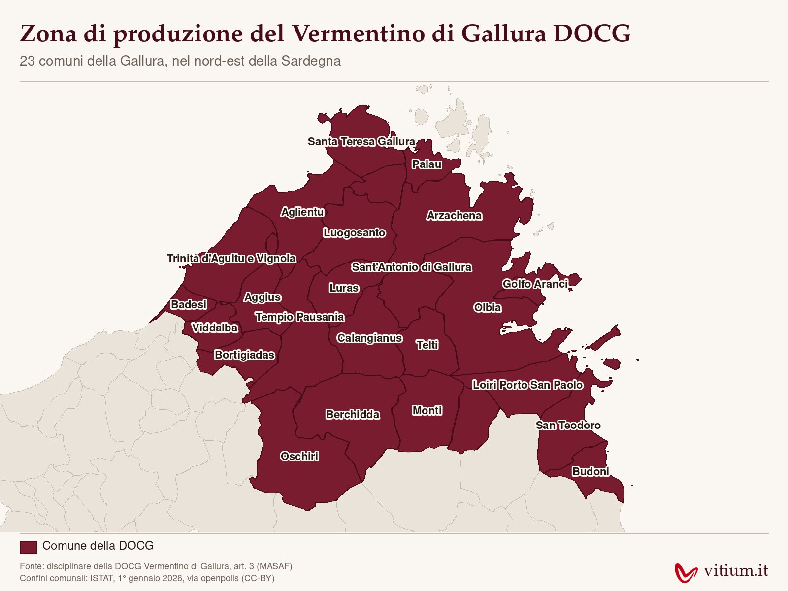 Mappa della zona di produzione del Vermentino di Gallura DOCG con i 23 comuni della Gallura in Sardegna