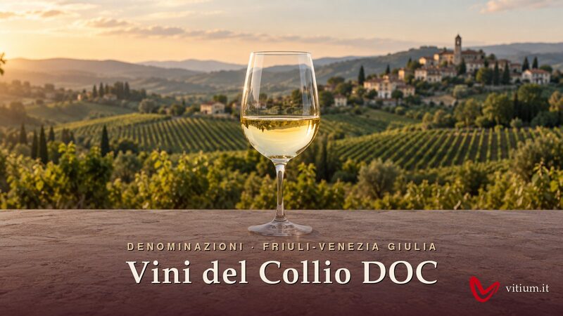 Calice di vino bianco del Collio giallo paglierino davanti alle colline vitate del Collio goriziano
