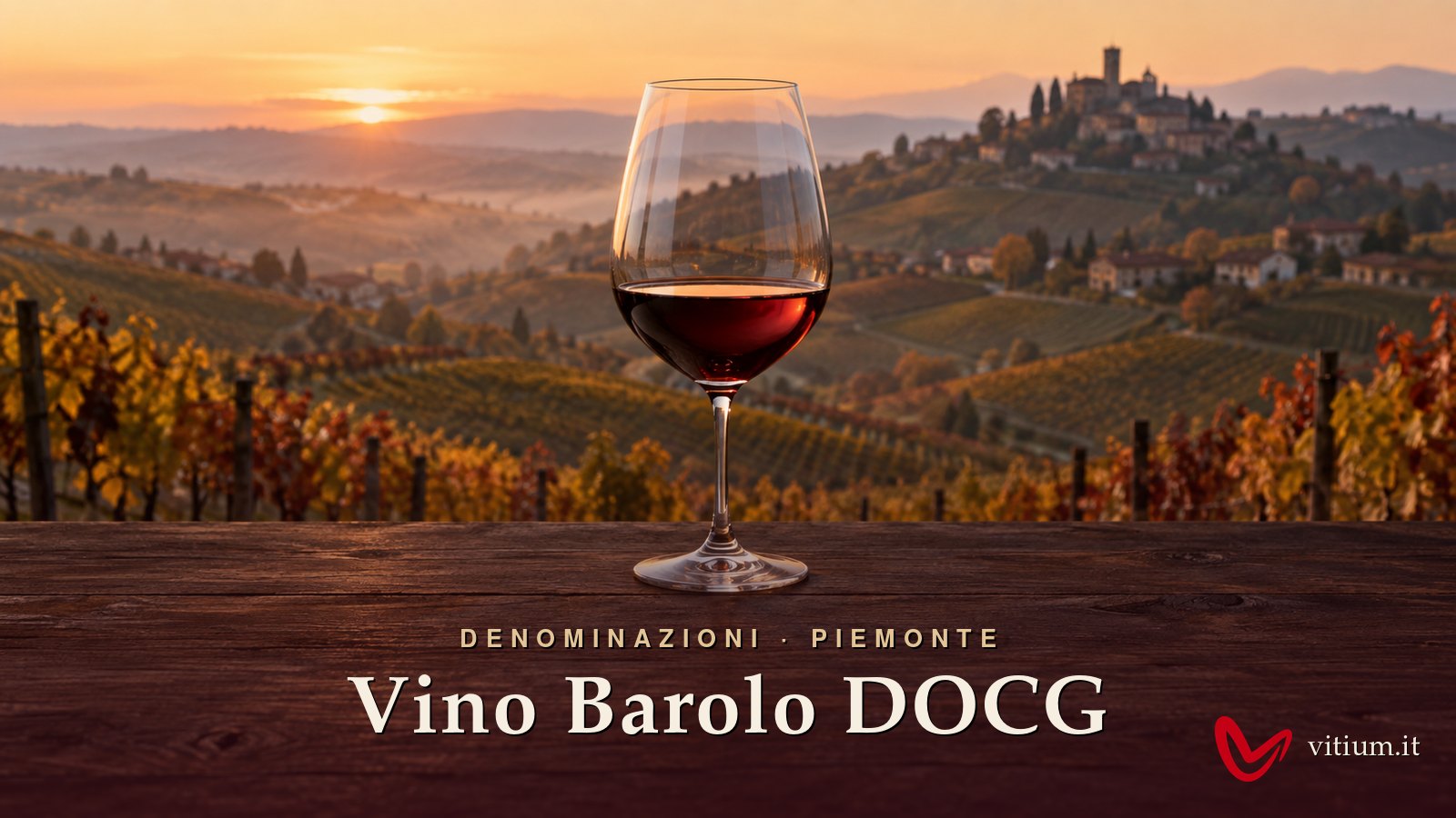 Calice di vino Barolo DOCG rosso granato davanti alle colline delle Langhe