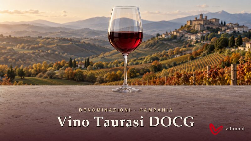 Calice di vino Taurasi DOCG rosso rubino davanti alle colline vitate dell'Irpinia