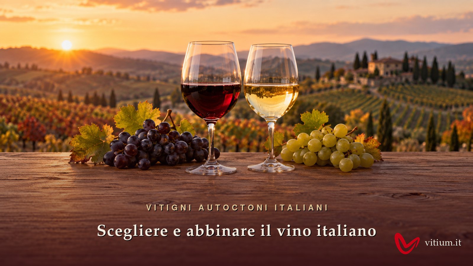 Calici di vino rosso e bianco con grappoli di vitigni italiani davanti alle colline vitate al tramonto