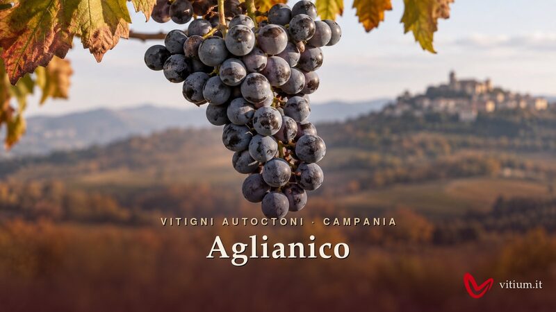 Grappolo di Aglianico maturo con acini blu coperti di pruina davanti alle colline dell'Irpinia