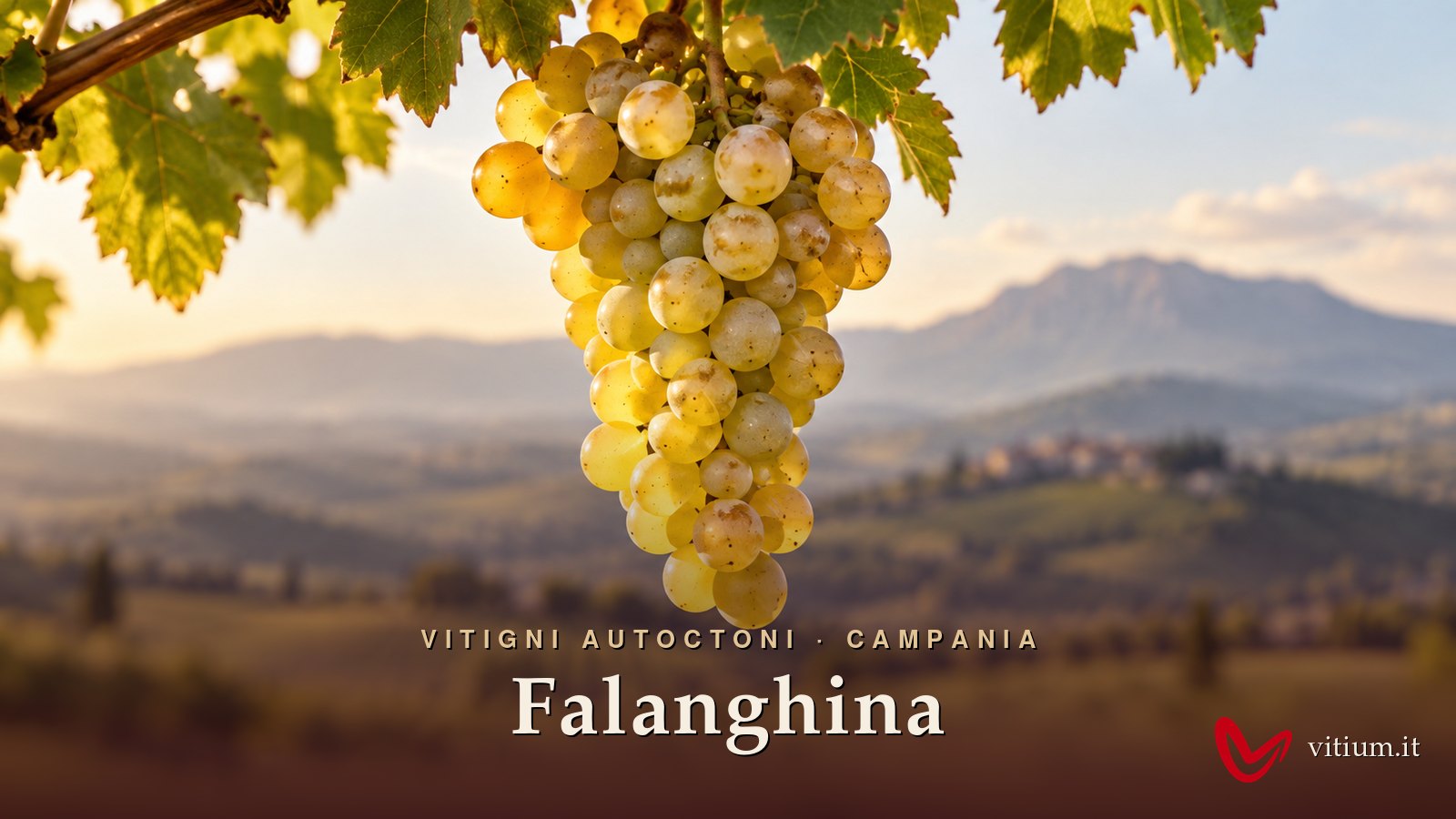 Grappolo di Falanghina giallo dorato con le colline del Sannio e il Taburno sullo sfondo