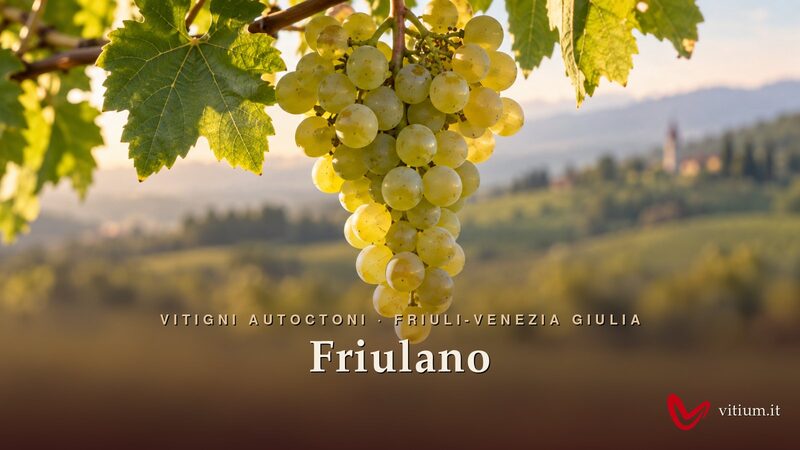 Grappolo di Friulano verde-giallo davanti alle colline vitate del Friuli e a un campanile