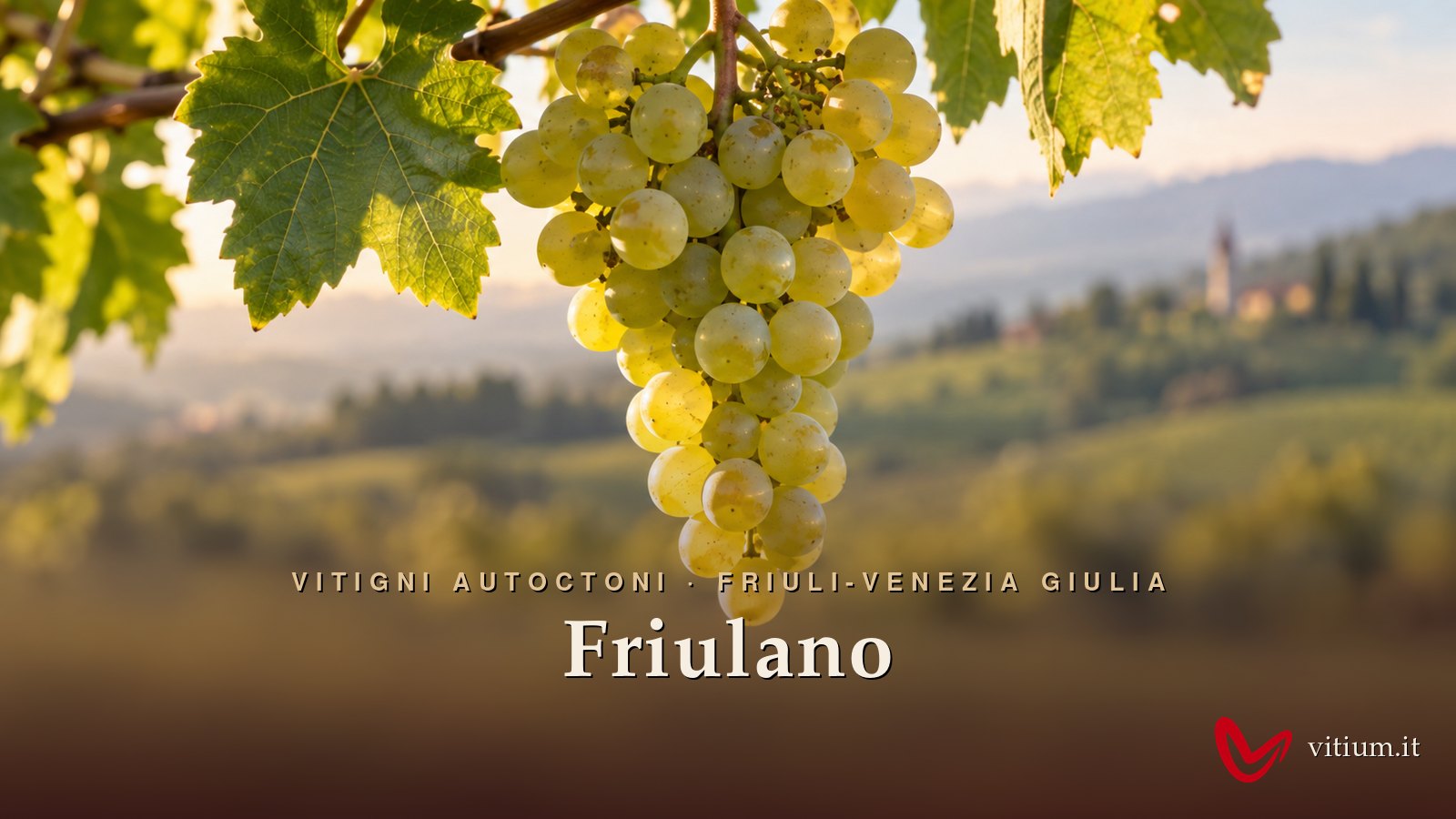 Grappolo di Friulano verde-giallo davanti alle colline vitate del Friuli e a un campanile