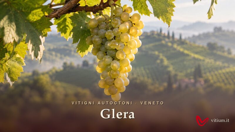 Grappolo di Glera dorato davanti alle colline vitate di Conegliano Valdobbiadene