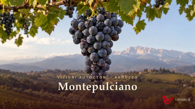 Grappolo di Montepulciano maturo davanti alle colline vitate dell'Abruzzo e alla Majella