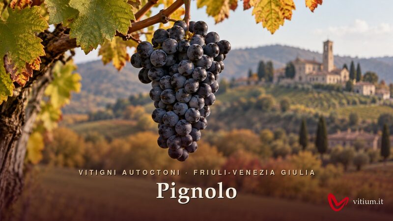 Grappolo di Pignolo piccolo e compatto davanti ai vigneti e all'abbazia di Rosazzo