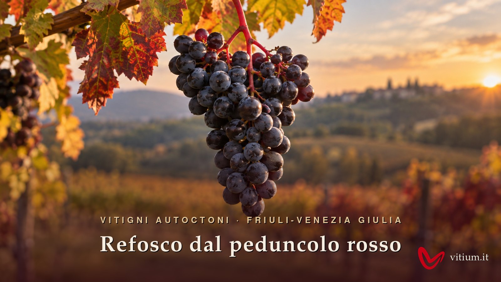 Grappolo di Refosco dal peduncolo rosso con il raspo rosso davanti ai vigneti del Friuli in autunno