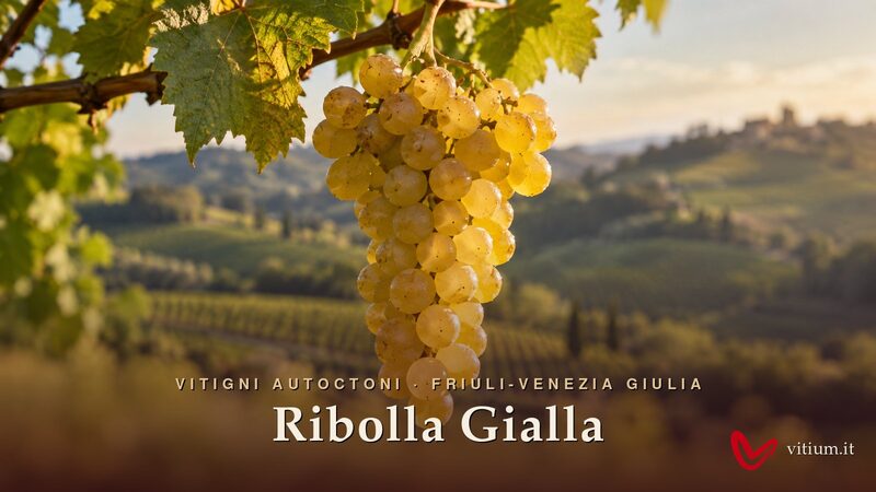 Grappolo di Ribolla Gialla dorato davanti alle colline vitate del Collio