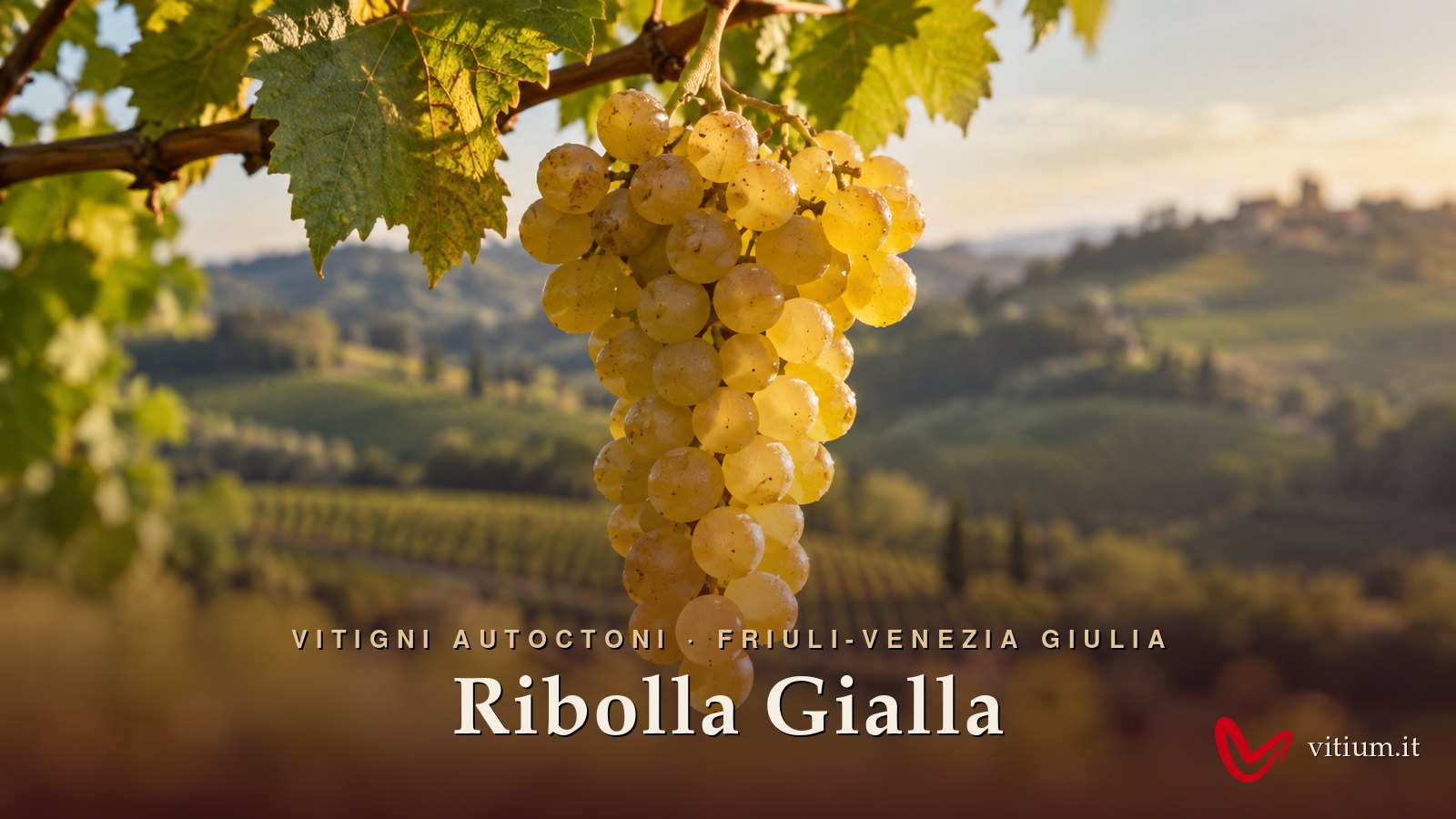Grappolo di Ribolla Gialla dorato davanti alle colline vitate del Collio