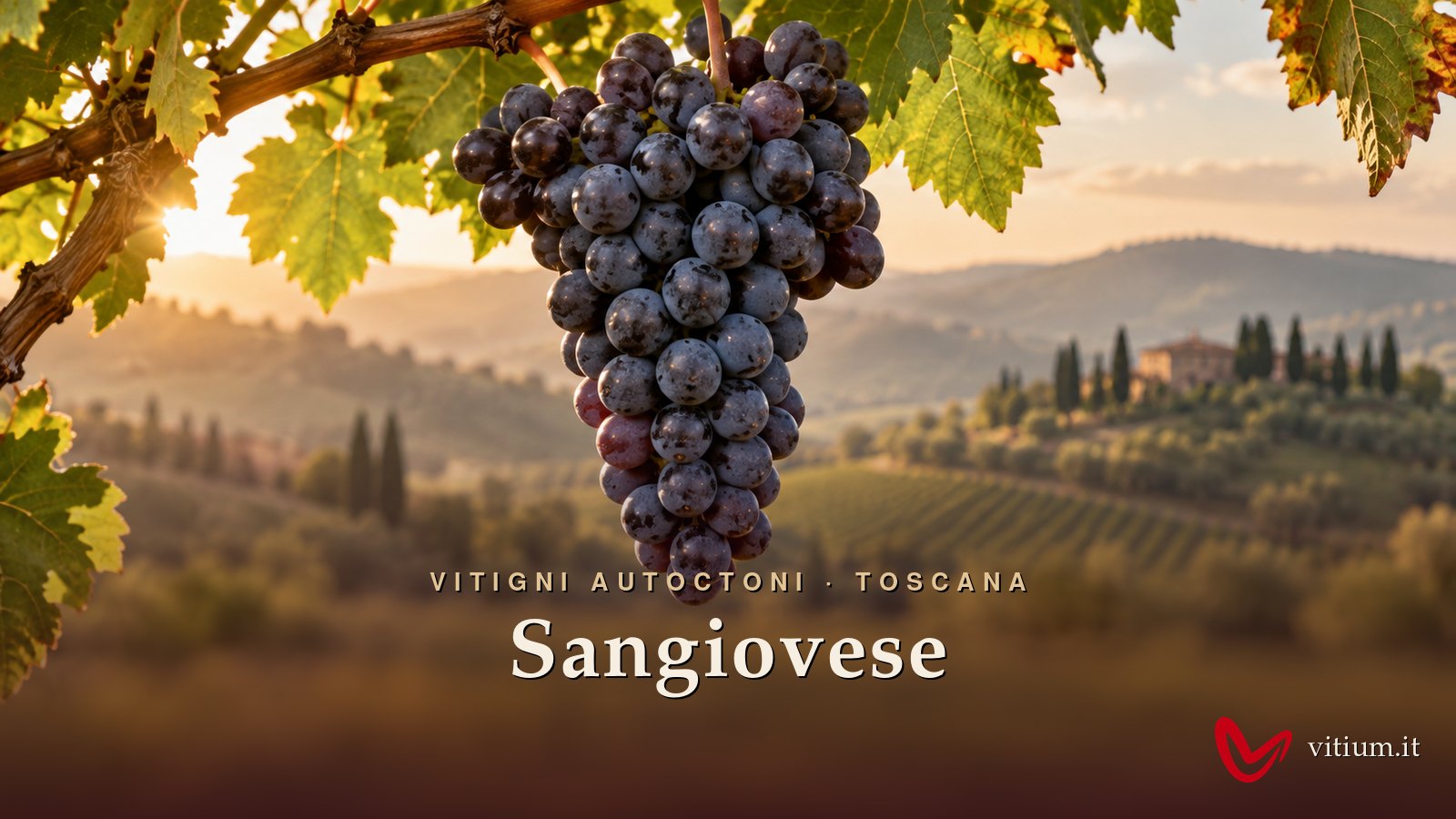 Grappolo di Sangiovese maturo, vitigno autoctono toscano, davanti alle colline con cipressi