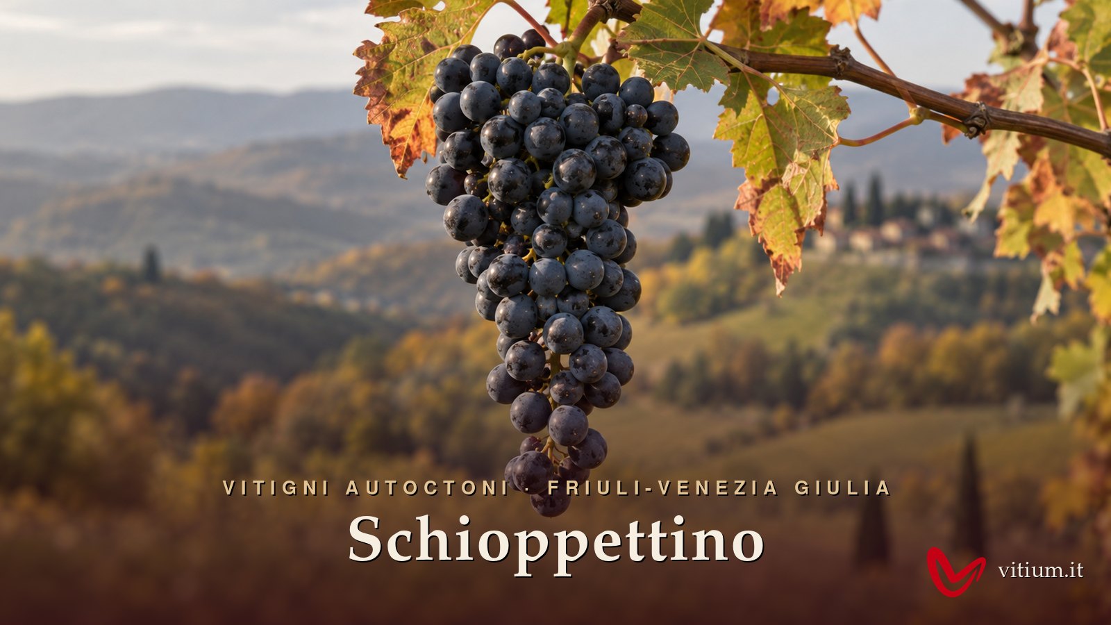 Grappolo di Schioppettino nero-blu davanti alle colline boscose e ai vigneti di Prepotto