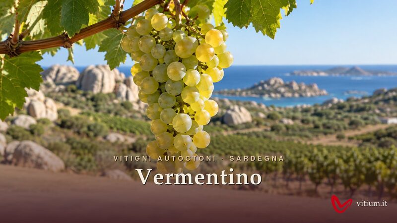 Grappolo di Vermentino verde dorato tra i vigneti bassi della Gallura, con il mare sullo sfondo