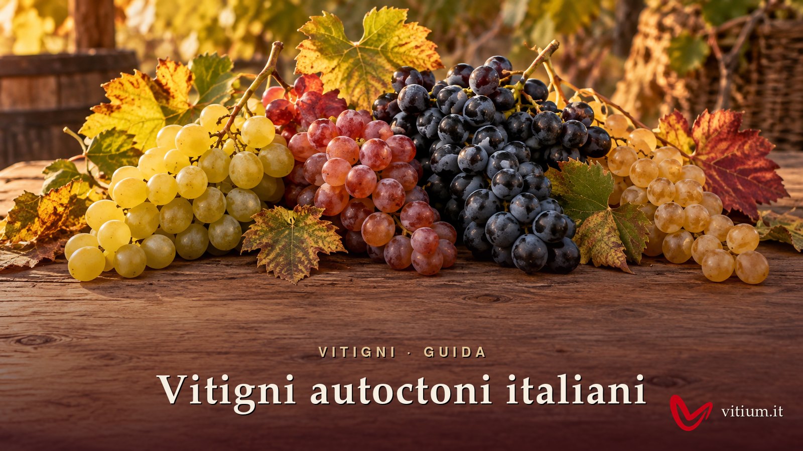 Grappoli di vitigni autoctoni italiani bianchi, rosati e neri su un tavolo di legno con foglie di vite